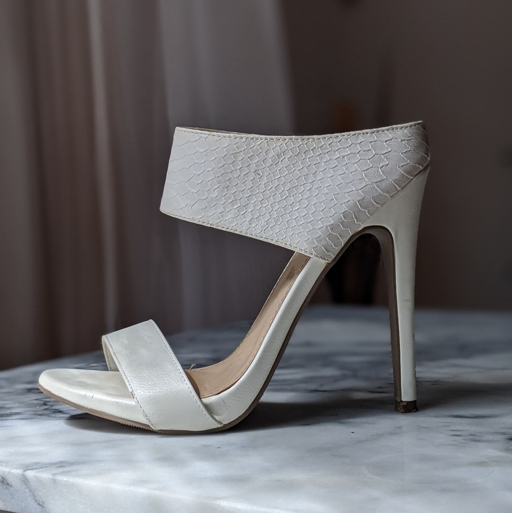 White Faux Snakeskin High Heels Sandals